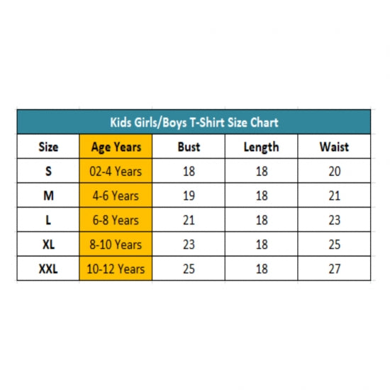 Shashwani Girls Cotton Unicorn Face Half Sleeve T-Shirt Size Chart