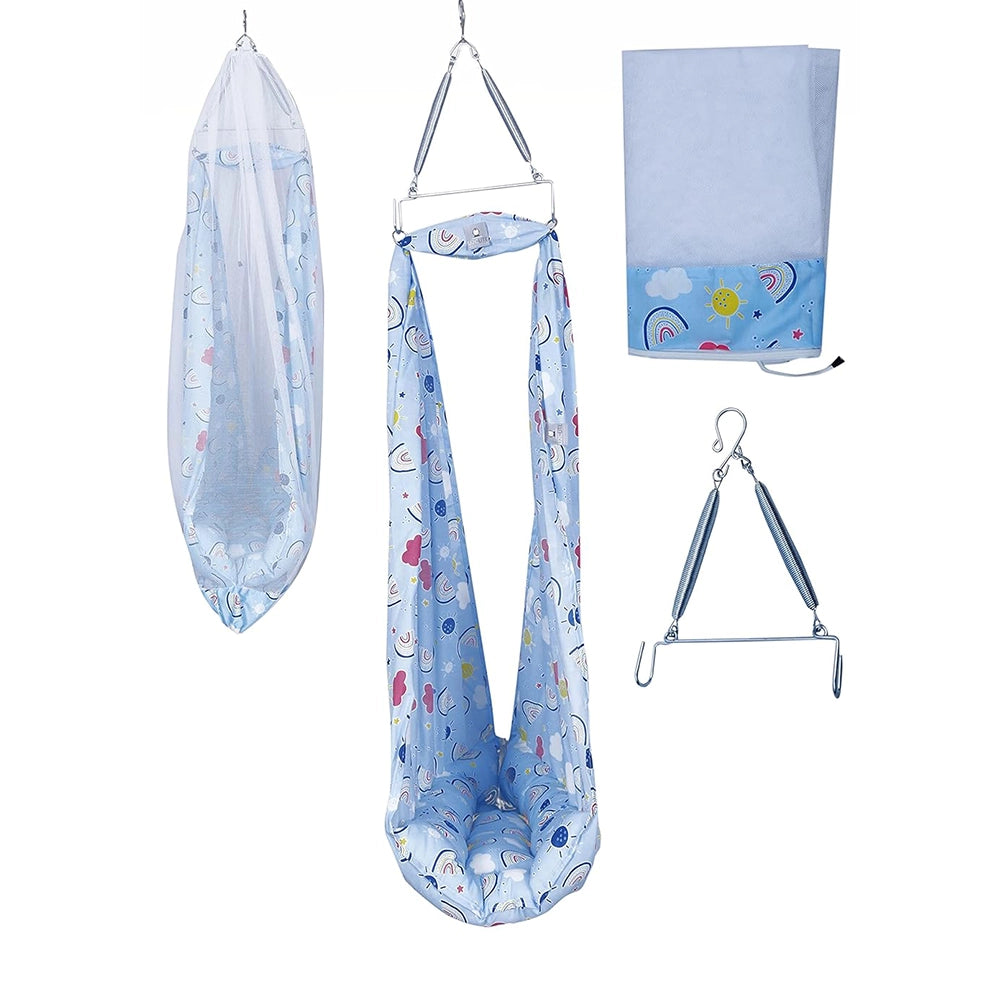 U2CUTE Baby Cradles, Baby Jhula, Jhoola, Little, Baby Hanging Swing Cradle with Mosquito net and Spring, (Toddler)(Blue)(Pack of 6)