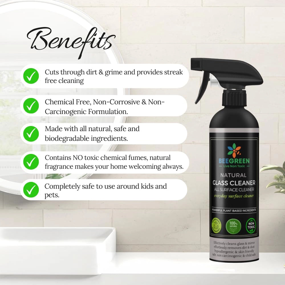 BeeGreen All in One Glass Cleaner/ 100% Natural & Plant based Ingredients / Streak Free Cleaning- 500ml (Pack of 6)