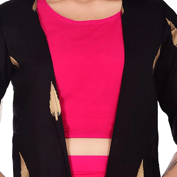 Black Rayon Printed Shrug with Pink TOP Skirt-3