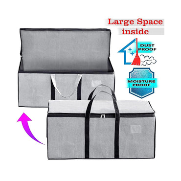 Multi-Purpose Heavy Duty Moisture Proof 90 Litres Canvas Super- Size Jumbo Underbed Storage Bag/Toys/Blankets/Stationery Paper/Clothes Storage Bag With Strong Handle (Grey) Pack of 2