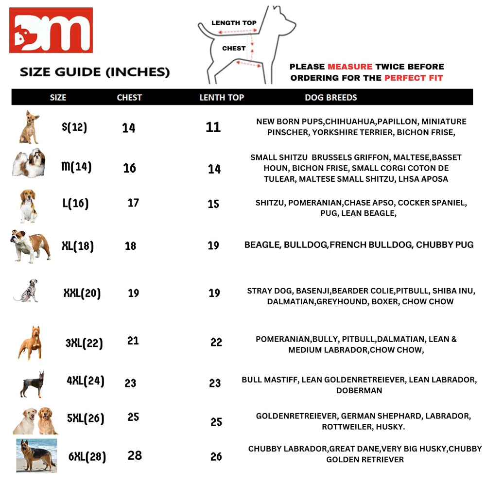 DogsMart Dino Rockstar All Weather T Shirt For Dogs-Size chart