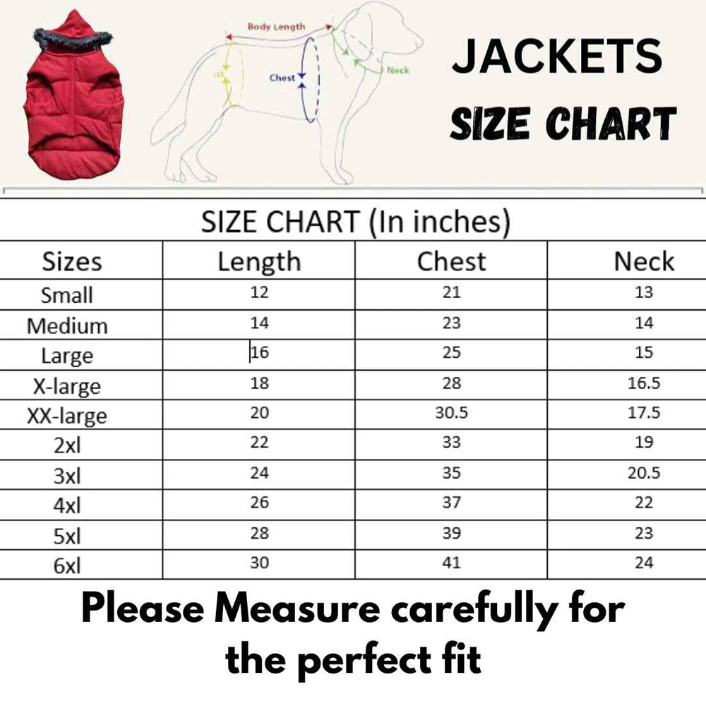 DogsMart Dog Windproof Winter Jackets -Size chart