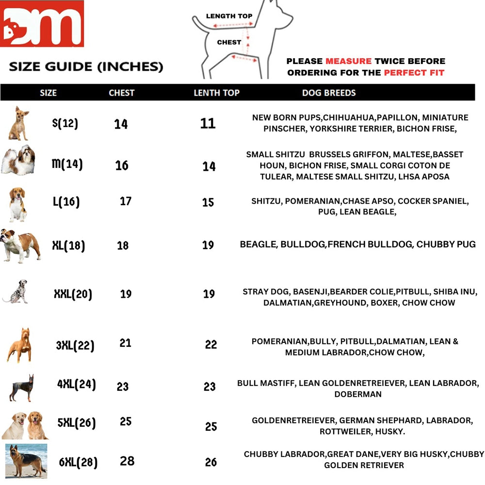 DogsMart Lv All Weather T Shirt For Dogs-Size chart