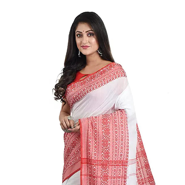 KHADI Begom Puri saree Red Border Saree White and Red-3