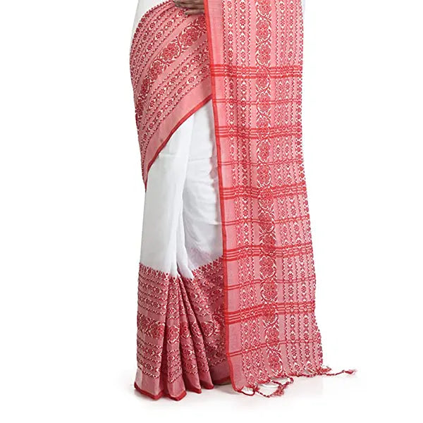 KHADI Begom Puri saree Red Border Saree White and Red-4