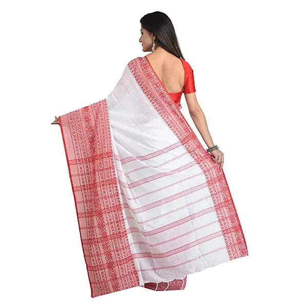 KHADI Begom Puri saree Red Border Saree White and Red-5
