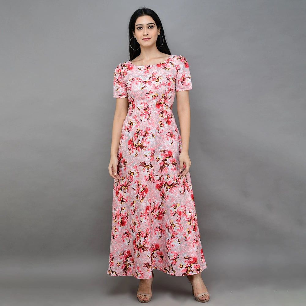 O Madam Crepe Floral Half Sleeve Round Neck Maxi Casual Kurti for Women (Pack of 5)