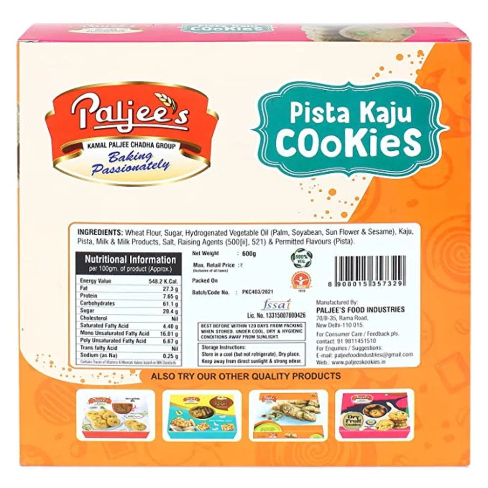 Paljee's Pista Kaju Cookies Truly Indian taste 600gram(Wheat Flour, Pista, Kaju, Palm, Soyabean, Sesame, Sun flower, Milk & Milk Products, Salt) 100% Veg- Carton of 24 Packs