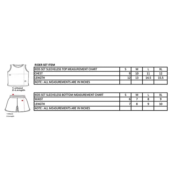 Rider Tex KIDS SLEEVELESS SET Size Chart