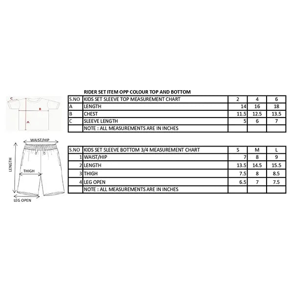 Rider Tex KIDS TOP ANDBOTTOM OPPOSITE COLOR Size Chart
