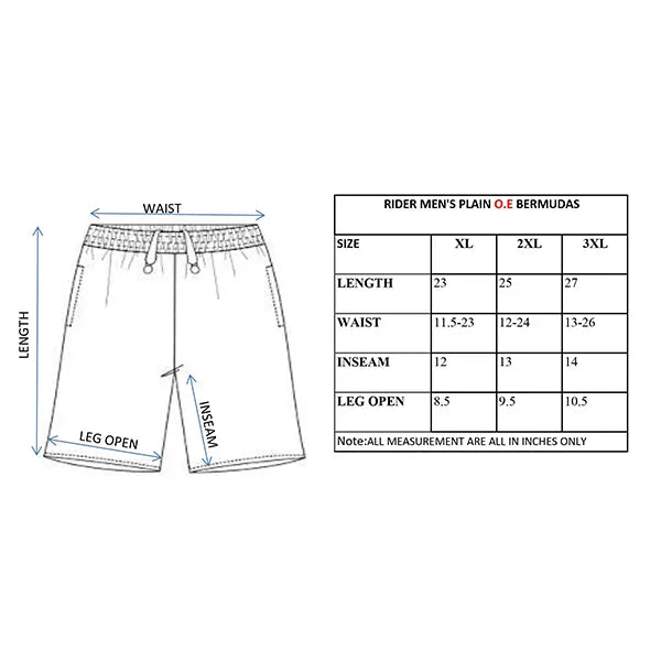 Rider Tex Men's Plain Bermudas Size Chart