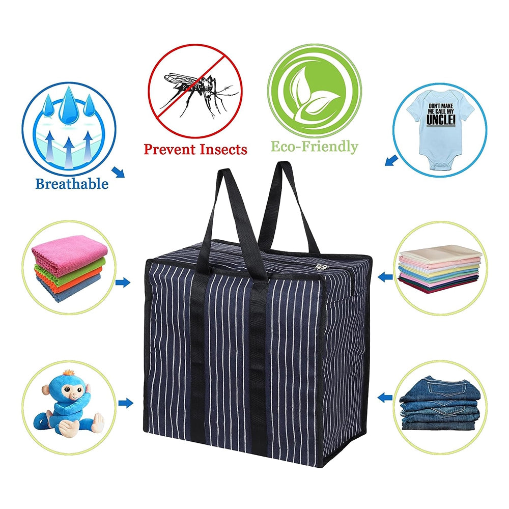 Multipurpose Extra Large Big Heavy Duty Storage Organizer Reusable Canvas Shopper Bag with Strong Handles and Base with Covers Zip (Pack of 10, Navy)