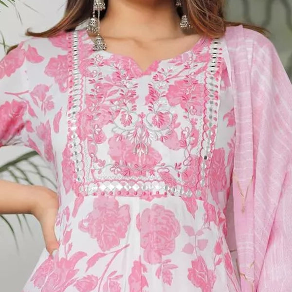 Women's Printed Pink Embroidered work floral print kurta-3