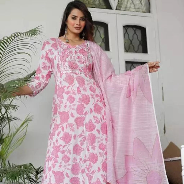 Women's Printed Pink Embroidered work floral print kurta-4
