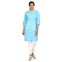 Kansie 100% Pure Cotton Yarn Dyed Kurta- Sky Blue