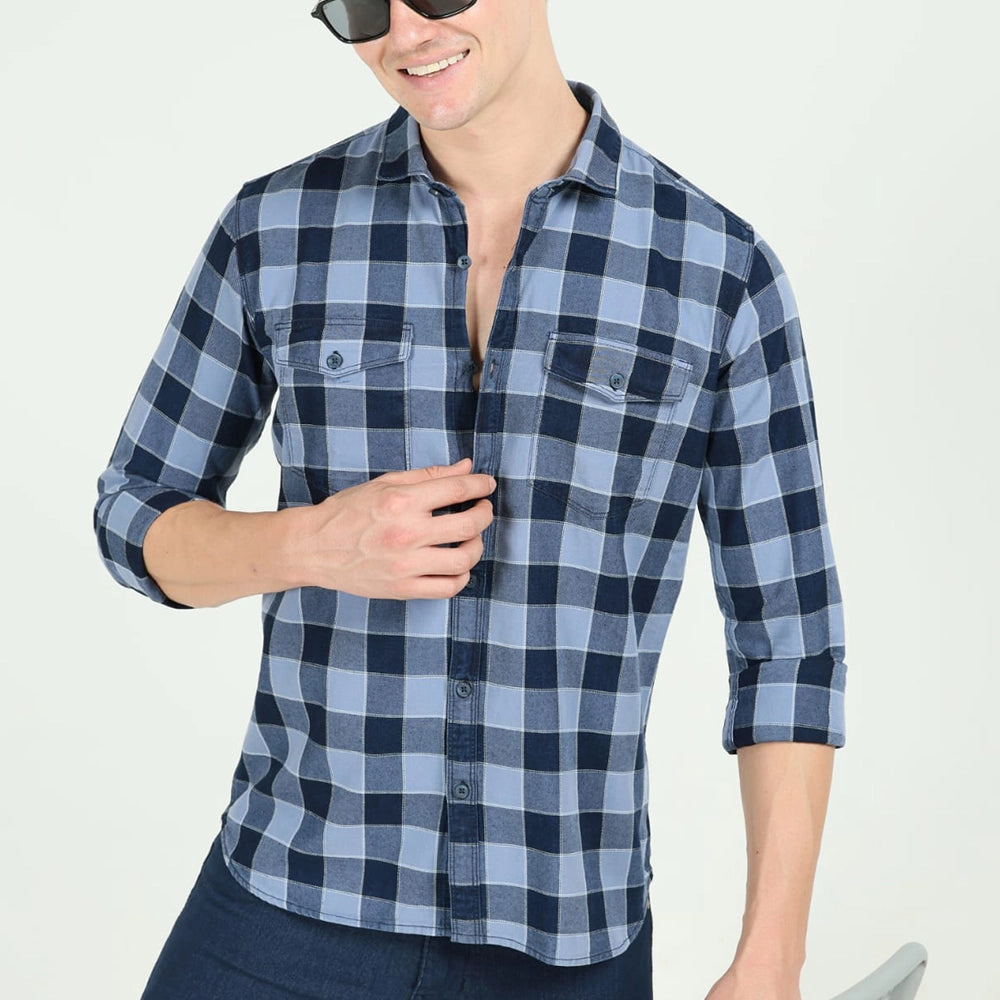 Fit Checkered Casual Shirt (Blue)-3