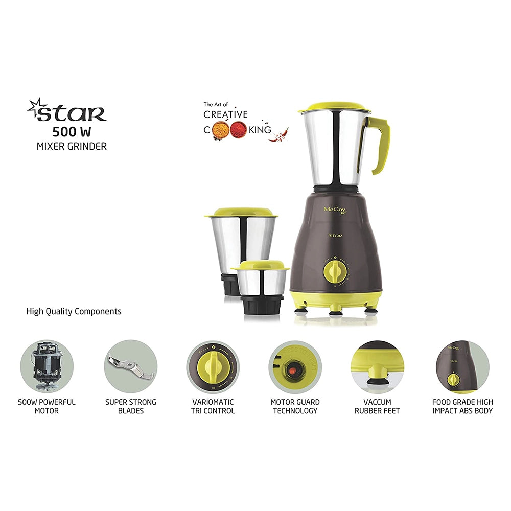 McCoy Star 500-Watt Mixer Grinder 3 Jars / Pack (Grey&amp;Green)