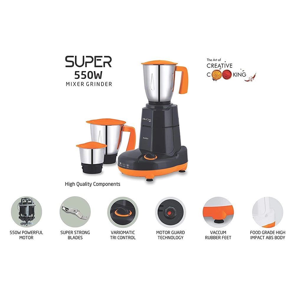 McCoy Super 550-Watt Mixer Grinder 3 Jars / Pack (Grey &amp; Orange)