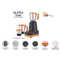 McCoy Super 550-Watt Mixer Grinder 3 Jars / Pack (Grey &amp; Orange)