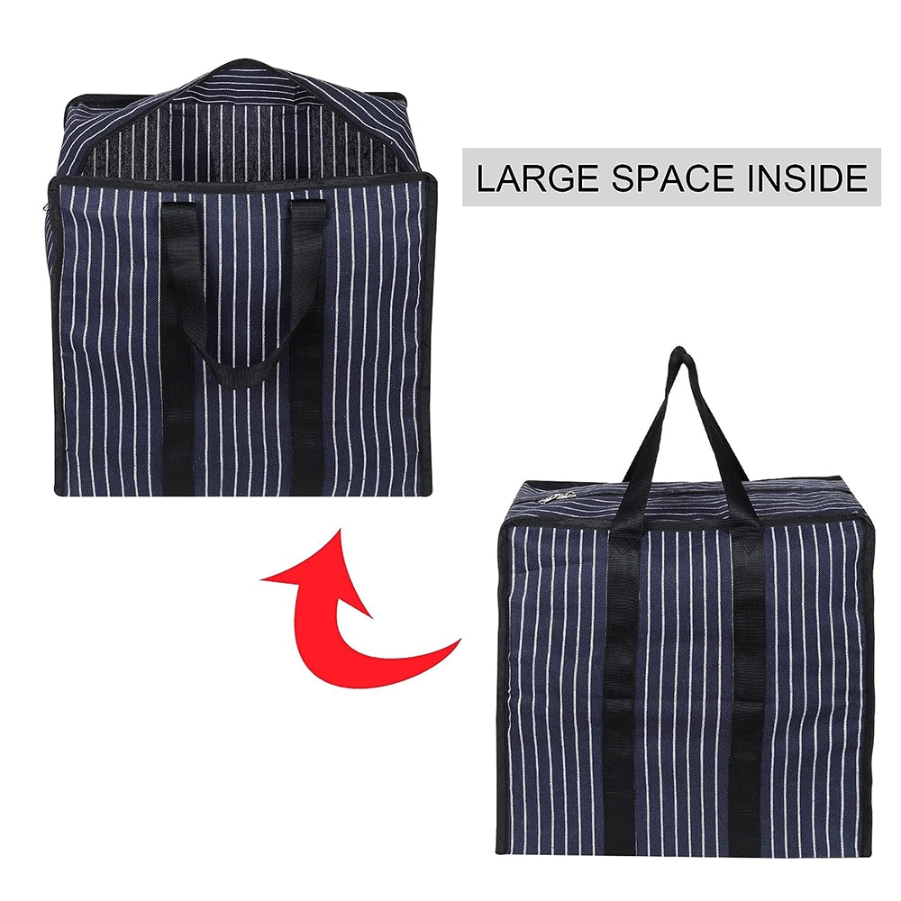 Multipurpose Extra Large Big Heavy Duty Storage Organizer Reusable Canvas Shopper Bag with Strong Handles and Base with Covers Zip (Pack of 10, Navy)