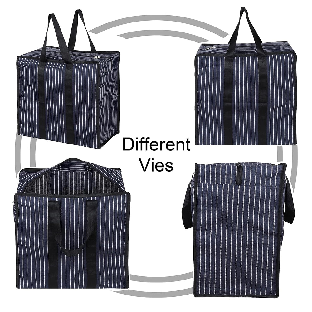 Multipurpose Extra Large Big Heavy Duty Storage Organizer Reusable Canvas Shopper Bag with Strong Handles and Base with Covers Zip (Pack of 10, Navy)