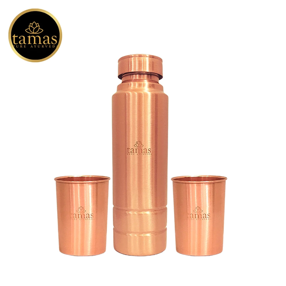 Tamas Pure Ayurveda Copper Water Bottle- 1000ml And Glass Set- 250ml With Premium Gift Box (100ml &amp; 250ml) (Pack of 2 Sets)