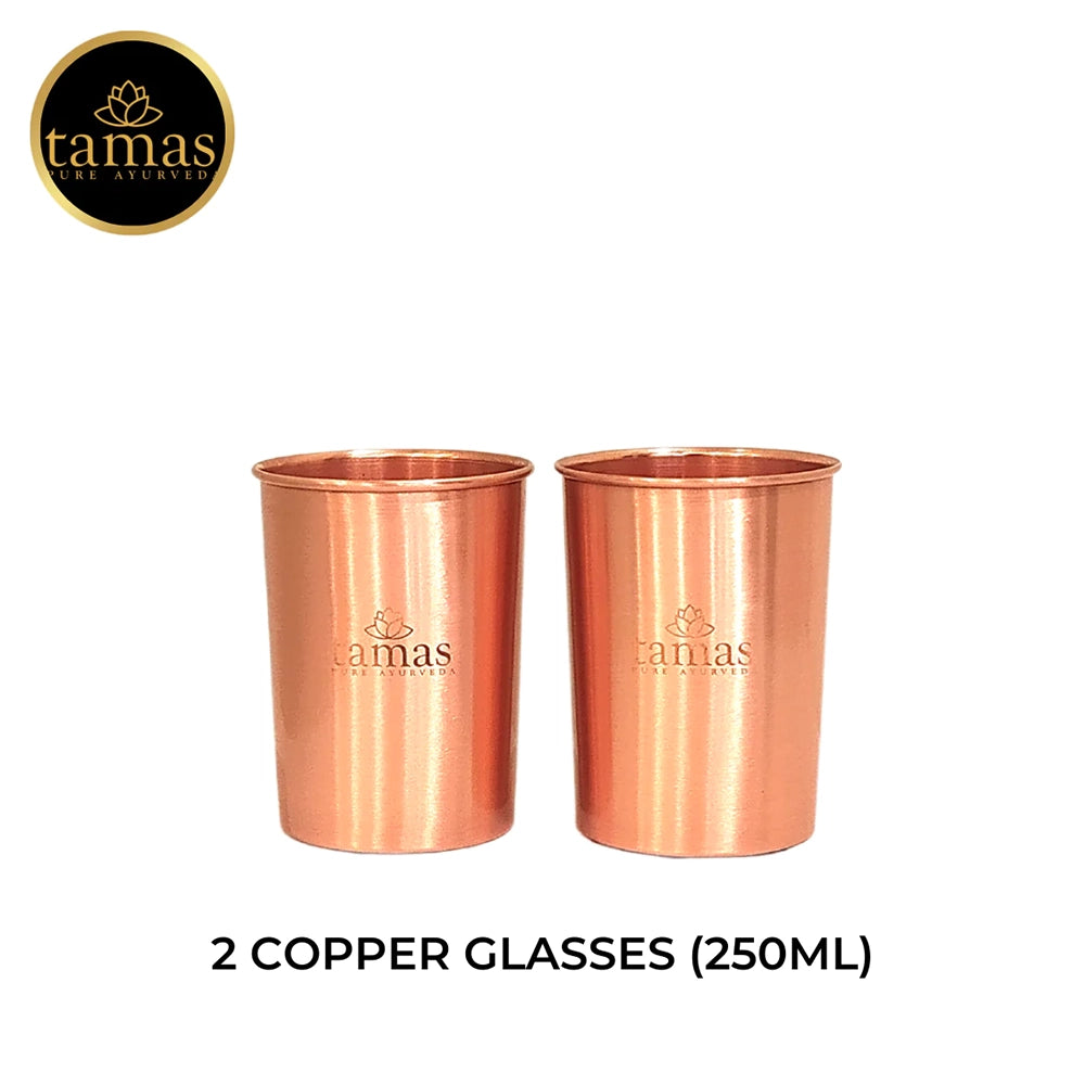 Tamas Pure Ayurveda Copper Water Bottle- 1000ml And Glass Set- 250ml With Premium Gift Box (100ml &amp; 250ml) (Pack of 2 Sets)